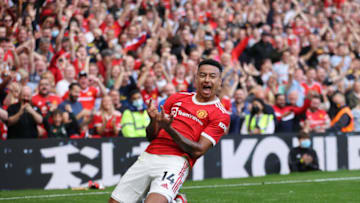 MANCHESTER, ENGLAND - SEPTEMBER 11: Jesse Lingard of Manchester United celebrates after scoring their side's fourth goal during the Premier League match between Manchester United and Newcastle United at Old Trafford on September 11, 2021 in Manchester, England. (Photo by Clive Brunskill/Getty Images)