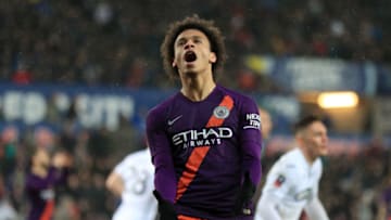 SWANSEA, WALES - MARCH 16: Leroy Sane of Manchester City reacts during the FA Cup Quarter Final match between Swansea City and Manchester City at Liberty Stadium on March 16, 2019 in Swansea, United Kingdom. (Photo by Matt McNulty - Manchester City/Man City via Getty Images)