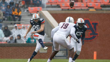 Nov 23, 2019; Auburn, AL, USA; Auburn football kicker Anders Carlson (26) puts the ball in play during the second quarter against the Samford Bulldogs at Jordan-Hare Stadium. Mandatory Credit: John Reed-USA TODAY Sports