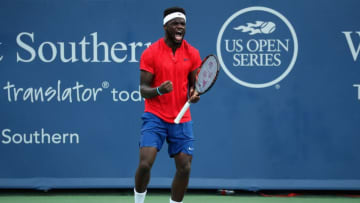 MASON, OH - AUGUST 16: Frances Tiafoe celebrates match point after defeating Alexander Zverev of Germany during Day 5 of the Western & Southern Open at the Linder Family Tennis Center on August 16, 2017 in Mason, Ohio. (Photo by Rob Carr/Getty Images)
