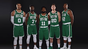 CANTON, MA - SEPTEMBER 24: Jayson Tatum #0, Jaylen Brown #7, Kyrie Irving #11, Gordon Hayward #20 and Al Horford #42 of the Boston Celtics pose for a portrait at media day on September 24, 2018 at the High Output Studios in Canton, Massachusetts. NOTE TO USER: User expressly acknowledges and agrees that, by downloading and or using this photograph, User is consenting to the terms and conditions of the Getty Images License Agreement. Mandatory Copyright Notice: Copyright 2018 NBAE (Photo by Brian Babineau/NBAE via Getty Images)