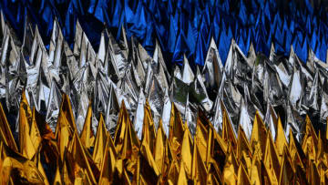 Blue, Silver and gold Leicester City flags (Photo by Catherine Ivill - AMA/Getty Images)