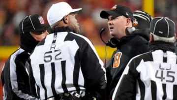Cincinnati Bengals head coach Zac Taylor argues with referee Ronald Torbert (62) in the fourth quarter during the AFC championship NFL game between the Cincinnati Bengals and the Kansas City Chiefs, Sunday, Jan. 29, 2023, at GEHA Field at Arrowhead Stadium in Kansas City, Mo. The Kansas City Chiefs lead the Cincinnati Bengals, 13-6, at halftime.Cincinnati Bengals At Kansas City Chiefs Afc Championship Jan 29 0367