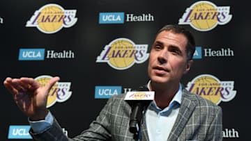 EL SEGUNDO, CA - SEPTEMBER 25: Rob Pelinka, General Manager of Los Angeles Lakers, speaks during Los Angeles Lakers Media Day September 25, 2017, in El Segundo, California. NOTE TO USER: User expressly acknowledges and agrees that, by downloading and/or using this photograph, user is consenting to the terms and conditions of the Getty Images License Agreement. (Photo by Kevork Djansezian/Getty Images)
