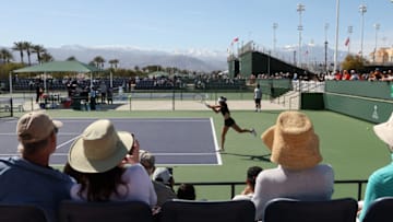 INDIAN WELLS, CALIFORNIA - MARCH 08: Emma Raducanu of Great Britain in a practice session during the BNP Paribas Open on March 08, 2023 in Indian Wells, California. (Photo by Julian Finney/Getty Images)