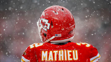 KANSAS CITY, MO - DECEMBER 15: Heavy snow falls on Tyrann Mathieu #32 of the Kansas City Chiefs between plays in the fourth quarter against the Denver Broncos at Arrowhead Stadium on December 15, 2019 in Kansas City, Missouri. (Photo by David Eulitt/Getty Images)