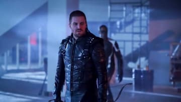 Arrow -- "Emerald Archer" -- Image Number: AR712B_0414b -- Pictured (L-R): Stephen Amell as Oliver Queen/Green Arrow and Echo Kellum as Curtis Holt/Mr. Terrific -- Photo: Shane Harvey/The CW -- ÃÂ© 2019 The CW Network, LLC. All Rights Reserved.