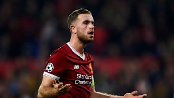 SEVILLE, SPAIN - NOVEMBER 21: Jordan Henderson of Liverpool FC reacts during the UEFA Champions League group E match between Sevilla FC and Liverpool FC at Estadio Ramon Sanchez Pizjuan on November 21, 2017 in Seville, Spain. (Photo by Aitor Alcalde/Getty Images)