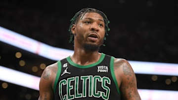 Mar 3, 2023; Boston, Massachusetts, USA; Boston Celtics guard Marcus Smart (36) interacts with the referee during the second half against the Brooklyn Nets at TD Garden. Mandatory Credit: Bob DeChiara-USA TODAY Sports