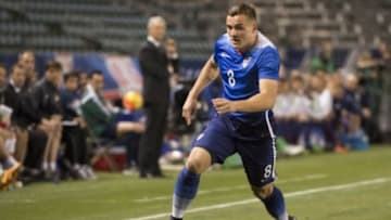 Feb 5, 2016; Carson, CA, USA; United States forward Jordan Morris (8) runs down the field during the first half against Canada at StubHub Center. Mandatory Credit: Kelvin Kuo-USA TODAY Sports