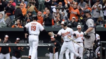 Oct 4, 2015; Baltimore, MD, USA; Baltimore Orioles first baseman Chris Davis (19) celebrates with left fielder Steve Pearce (28) after scoring on a single by catcher Matt Wieters (not pictured) during the first inning against the New York Yankees at Oriole Park at Camden Yards. Mandatory Credit: Tommy Gilligan-USA TODAY Sports