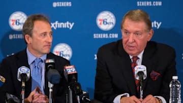 Dec 7, 2015; Philadelphia, PA, USA; Philadelphia 76ers owner Joshua Harris (L) introduces Jerry Colangelo (R) as special advisor before a game against the San Antonio Spurs at Wells Fargo Center. Mandatory Credit: Bill Streicher-USA TODAY Sports