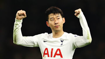 LONDON, ENGLAND - NOVEMBER 21: Heung-Min Son of Tottenham Hotspur applauds the supporters following the Premier League match between Tottenham Hotspur and Leeds United at Tottenham Hotspur Stadium on November 21, 2021 in London, England. (Photo by Chris Brunskill/Fantasista/Getty Images)