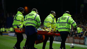 PORTSMOUTH, ENGLAND - MARCH 02: Lucas Torreira of Arsenal is stretchered off following an injury during the FA Cup Fifth Round match between Portsmouth FC and Arsenal FC at Fratton Park on March 02, 2020 in Portsmouth, England. (Photo by Richard Heathcote/Getty Images)