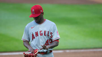 SEATTLE, WA - AUGUST 05: Julio Teheran #49 of the Los Angeles Angels walks back to the dugout after pitching during the first inning against the Seattle Mariners at T-Mobile Park on August 5, 2020 in Seattle, Washington. The Mariners beat the Angels 7-6. (Photo by Lindsey Wasson/Getty Images)