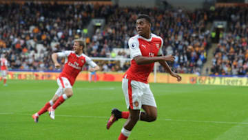 HULL, ENGLAND - SEPTEMBER 17: Alex Iwobi celebrates a goal for Arsenal during the Premier League match between Hull City and Arsenal at KCOM Stadium on September 17, 2016 in Hull, England. (Photo by Stuart MacFarlane/Arsenal FC via Getty Images)