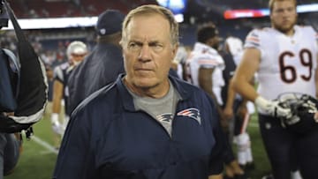 Aug 18, 2016; Foxborough, MA, USA; New England Patriots head coach Bill Belichick walks off the field after defeating the Chicago Bears at Gillette Stadium. Mandatory Credit: Bob DeChiara-USA TODAY Sports