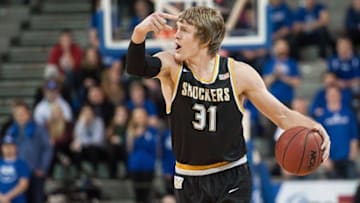 Feb 9, 2016; Des Moines, IA, USA; Wichita State Shockers guard Ron Baker (31) gestures from the court against the Drake Bulldogs during the first half at Knapp Center. Mandatory Credit: Jeffrey Becker-USA TODAY Sports