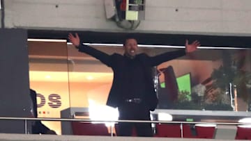 MADRID, SPAIN - MAY 03: Diego Simeone, Coach of Atletico Madrid reacts after winning the UEFA Europa League Semi Final second leg match between Atletico Madrid and Arsenal FC at Estadio Wanda Metropolitano on May 3, 2018 in Madrid, Spain. (Photo by Lars Baron/Getty Images)