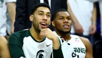 Jan 7, 2016; East Lansing, MI, USA; Michigan State Spartans guard Denzel Valentine (45) sits on the bench during the second half of a game against the Illinois Fighting Illini at Jack Breslin Student Events Center. Michigan State won 79-54. Mandatory Credit: Mike Carter-USA TODAY Sports
