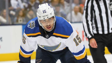 TORONTO, ON - OCTOBER 7: Robby Fabbri #15 of the St. Louis Blues waits for a faceoff against the Toronto Maple Leafs during an NHL game at Scotiabank Arena on October 7, 2019 in Toronto, Ontario, Canada. The Blues defeated the Maple Leafs 3-2. (Photo by Claus Andersen/Getty Images)