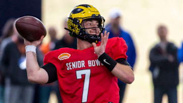 USFL Draft; North quarterback Shea Patterson of Michigan (7) throws during Senior Bowl practice at University of South Alabama’s Jaguar Football Practice Facility. Mandatory Credit: Vasha Hunt-USA TODAY Sports