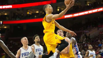 Oct 8, 2015; Philadelphia, PA, USA; Cleveland Cavaliers guard Jared Cunningham (9) scores on a layup against the Philadelphia 76ers during the second quarter at Wells Fargo Center. Mandatory Credit: Bill Streicher-USA TODAY Sports