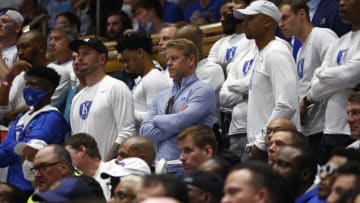 DURHAM, NORTH CAROLINA - MARCH 05: Steve Wojciechowski and JJ Redick attend the game between the North Carolina Tar Heels and Duke Blue Devils at Cameron Indoor Stadium on March 05, 2022 in Durham, North Carolina. (Photo by Jared C. Tilton/Getty Images)