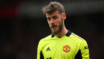 MANCHESTER, ENGLAND - AUGUST 07: David De Gea of Manchester United during the Pre Season Friendly fixture between Manchester United and Everton at Old Trafford on August 7, 2021 in Manchester, England. (Photo by Robbie Jay Barratt - AMA/Getty Images)