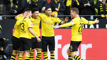 DORTMUND, GERMANY - FEBRUARY 29: (BILD ZEITUNG OUT) Jadon Sancho of Borussia Dortmund celebrates after scoring his teams first goal with teammates during the Bundesliga match between Borussia Dortmund and Sport-Club Freiburg at Signal Iduna Park on February 29, 2020 in Dortmund, Germany. (Photo by Ralf Teerse/DeFodi Images via Getty Images)