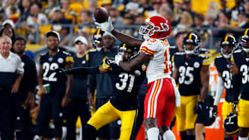 PITTSBURGH, PA - AUGUST 17: Byron Pringle #13 of the Kansas City Chiefs in action during a preseason game against Justin Layne #31 of the Pittsburgh Steelers on August 17, 2019 at Heinz Field in Pittsburgh, Pennsylvania. (Photo by Justin K. Aller/Getty Images)