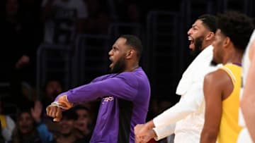 LOS ANGELES, CA - OCTOBER 29: LeBron James #23 and Anthony Davis #3 of the Los Angeles Lakers celebrate after a dunk by JaVale McGee #7 against Memphis Grizzlies during the second half at Staples Center on October 29, 2019 in Los Angeles, California. NOTE TO USER: User expressly acknowledges and agrees that, by downloading and/or using this Photograph, user is consenting to the terms and conditions of the Getty Images License Agreement. (Photo by Kevork Djansezian/Getty Images)