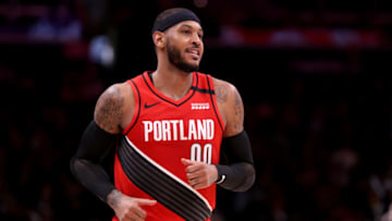 WASHINGTON, DC - JANUARY 03: Carmelo Anthony #00 of the Portland Trail Blazers looks on against the Washington Wizards in the first half at Capital One Arena on January 03, 2020 in Washington, DC. NOTE TO USER: User expressly acknowledges and agrees that, by downloading and/or using this photograph, user is consenting to the terms and conditions of the Getty Images License Agreement. (Photo by Rob Carr/Getty Images)