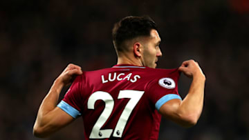 LONDON, ENGLAND - DECEMBER 04: Lucas Perez of West Ham United celebrates after scoring his team's second goal during the Premier League match between West Ham United and Cardiff City at London Stadium on December 4, 2018 in London, United Kingdom. (Photo by Dan Istitene/Getty Images)