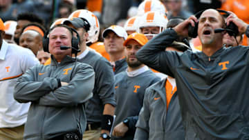 Tennessee head coach Butch Jones and coach Willie Martinez, right, both react as an extra point kick flies through the air during the second half at Neyland Stadium on Saturday, Nov. 12, 2016. Jones And Martinez React 2016