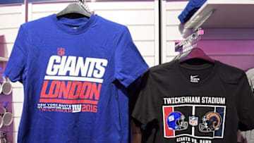 Oct 22, 2016; London, United Kingdom; Shirts to commemorate game 16 of the NFL International Series between the New York Giants and the Los Angeles Rams during NFL Fan Rally at the Victoria House. Mandatory Credit: Kirby Lee-USA TODAY Sports