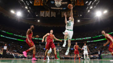 BOSTON, MA - NOVEMBER 30: Gordon Hayward #20 of the Boston Celtics shoots the ball against the Cleveland Cavaliers on November 30, 2018 at the TD Garden in Boston, Massachusetts. NOTE TO USER: User expressly acknowledges and agrees that, by downloading and or using this photograph, User is consenting to the terms and conditions of the Getty Images License Agreement. Mandatory Copyright Notice: Copyright 2018 NBAE (Photo by Brian Babineau/NBAE via Getty Images)