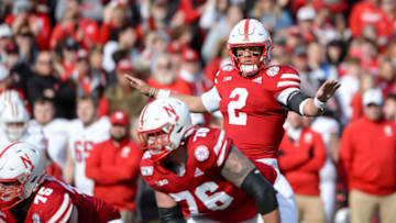LINCOLN, NE - NOVEMBER 16: Quarterback Adrian Martinez #2 of the Nebraska Cornhuskers looks over the line against the Wisconsin Badgers at Memorial Stadium on November 16, 2019 in Lincoln, Nebraska. (Photo by Steven Branscombe/Getty Images)