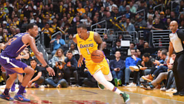 LOS ANGELES, CA - FEBRUARY 6: Kentavious Caldwell-Pope #1 of the Los Angeles Lakers handles the ball against the Phoenix Suns on February 6, 2018 at STAPLES Center in Los Angeles, California. NOTE TO USER: User expressly acknowledges and agrees that, by downloading and/or using this Photograph, user is consenting to the terms and conditions of the Getty Images License Agreement. Mandatory Copyright Notice: Copyright 2018 NBAE (Photo by Andrew D. Bernstein/NBAE via Getty Images)