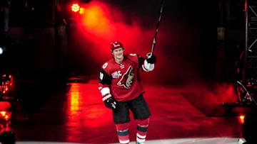 Oct 15, 2016; Glendale, AZ, USA; Arizona Coyotes right wing Shane Doan (19) takes the ice to start the game against Philadelphia Flyers at Gila River Arena. Mandatory Credit: Matt Kartozian-USA TODAY Sports