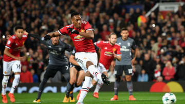 MANCHESTER, ENGLAND - OCTOBER 31: Anthony Martial of Manchester United misses a penalty opportunity during the UEFA Champions League group A match between Manchester United and SL Benfica at Old Trafford on October 31, 2017 in Manchester, United Kingdom. (Photo by Michael Regan/Getty Images)
