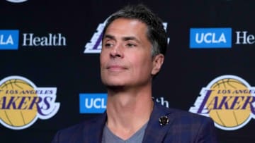 Aug 10, 2021; Los Angeles, California, USA; Los Angeles Lakers general manager Rob Pelinka at press conference at Staples Center. Mandatory Credit: Kirby Lee-USA TODAY Sports