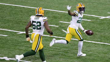 INDIANAPOLIS, INDIANA - NOVEMBER 22: Darnell Savage #26 of the Green Bay Packers celebrates a fumble recovery during the first quarter against the Indianapolis Colts in the game at Lucas Oil Stadium on November 22, 2020 in Indianapolis, Indiana. (Photo by Andy Lyons/Getty Images)