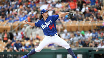 GLENDALE, ARIZONA - MARCH 11: Tony Gonsolin #84 of the Los Angeles Dodgers delivers a first inning pitch during a spring training game against the San Francisco Giants at Camelback Ranch on March 11, 2019 in Glendale, Arizona. (Photo by Norm Hall/Getty Images)