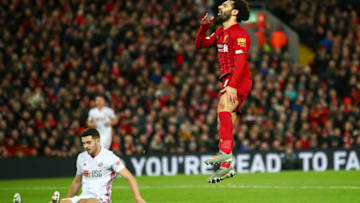 LIVERPOOL, ENGLAND - JANUARY 02: Mohamed Salah of Liverpool reacts during the Premier League match between Liverpool FC and Sheffield United at Anfield on January 02, 2020 in Liverpool, United Kingdom. (Photo by Clive Brunskill/Getty Images)
