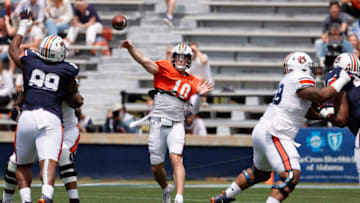 Auburn footballApr 17, 2021; Auburn, Alabama, USA; Auburn Tigers quarterback Bo Nix (10) throws a pass during the first quarter of the spring game at Jordan-Hare Stadium. Mandatory Credit: John Reed-USA TODAY Sports