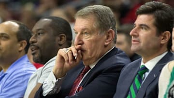 Mar 17, 2016; Philadelphia, PA, USA; Philadelphia 76ers special advisor Jerry Colangelo (M) sits courtside during the second half against the Washington Wizards at Wells Fargo Center. The Washington Wizards won 99-94. Mandatory Credit: Bill Streicher-USA TODAY Sports
