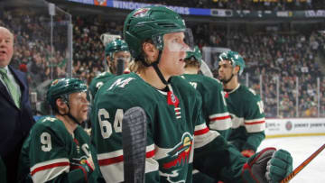 ST. PAUL, MN - OCTOBER 25: Mikael Granlund #64 of the Minnesota Wild looks on from the bench during a game between the Minnesota Wild and Los Angeles Kings at Xcel Energy Center on October 25, 2018 in St. Paul, Minnesota. The Wild defeated the Kings 4-1.(Photo by Bruce Kluckhohn/NHLI via Getty Images)