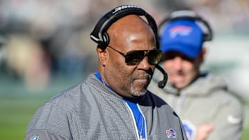 Jan 1, 2017; East Rutherford, NJ, USA; Buffalo Bills interim head coach Anthony Lynn reacts after the New York Jets score in the 3rd quarter at MetLife Stadium. Mandatory Credit: Dennis Schneidler-USA TODAY Sports