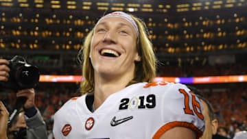 SANTA CLARA, CA - JANUARY 07: Trevor Lawrence #16 of the Clemson Tigers reacts after his teams 44-16 win over the Alabama Crimson Tide in the CFP National Championship presented by AT&T at Levi's Stadium on January 7, 2019 in Santa Clara, California. (Photo by Harry How/Getty Images)